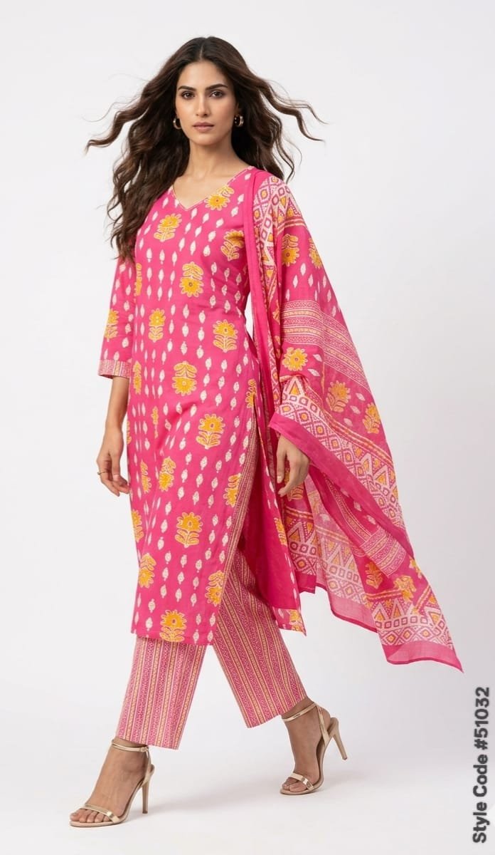 Cotton Kurti Pant And Dupatta set
