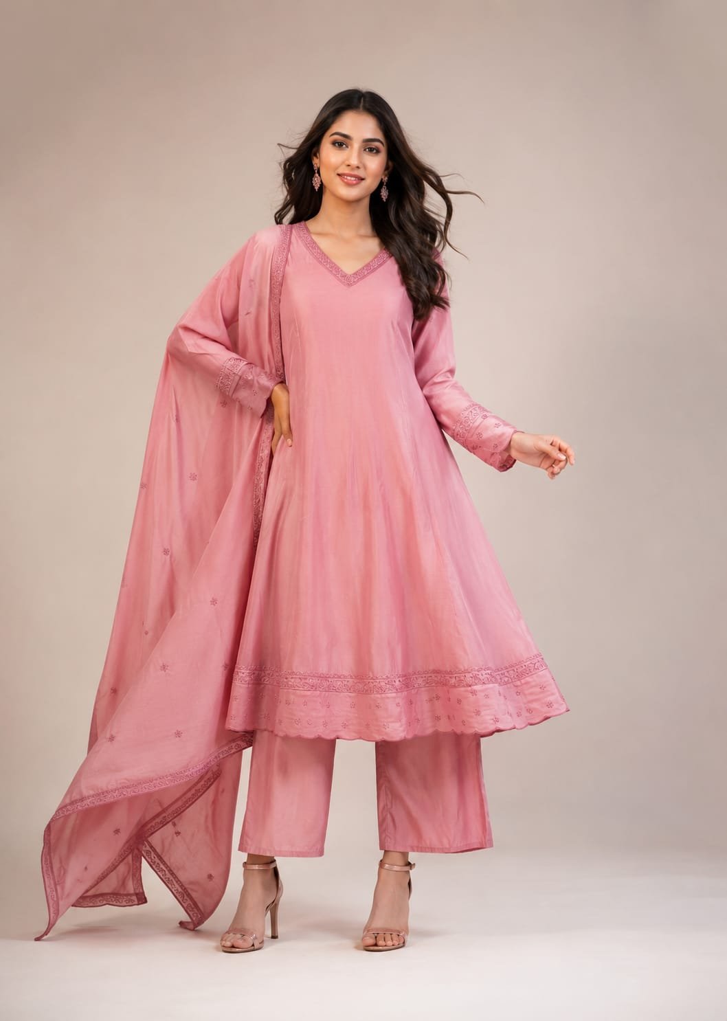 Silk Anarkali Pant And Dupatta Set