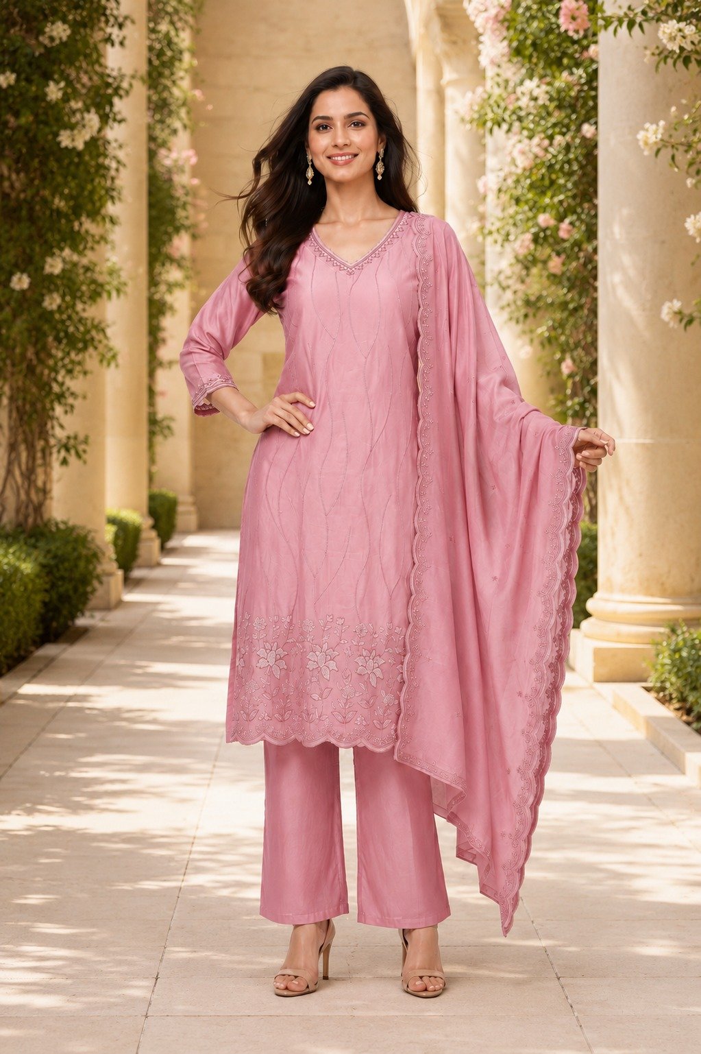 Silk Kurti Pant And Dupatta Set
