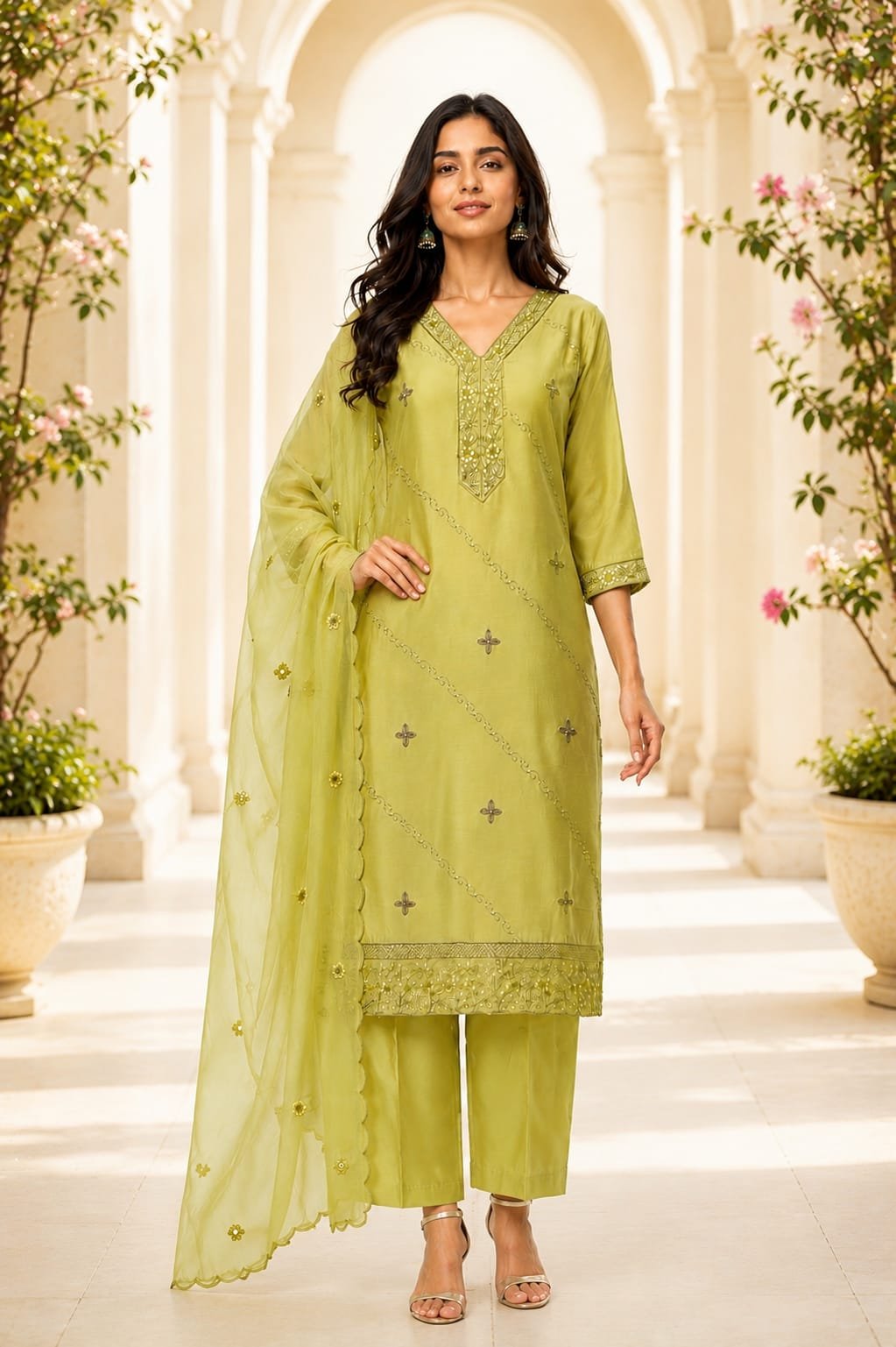Silk Kurti Pant And Dupatta Set