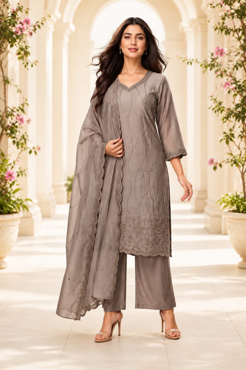Silk Kurti Pant And Dupatta Set