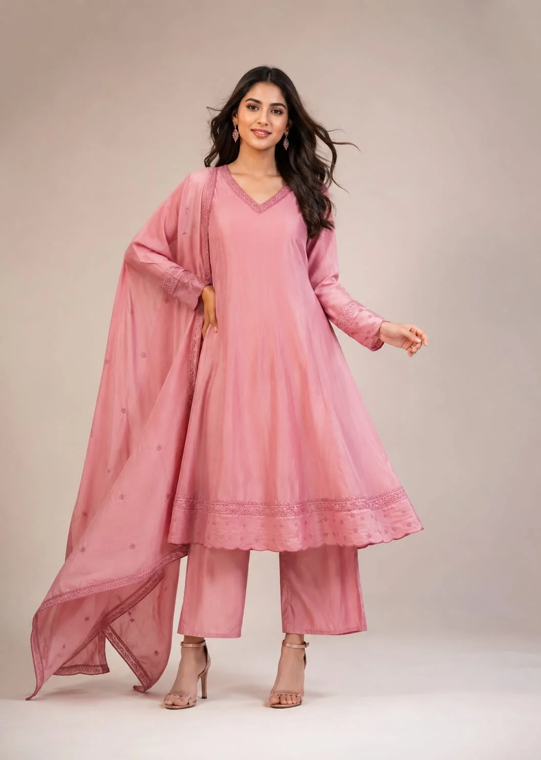Silk Anarkali Pant And Dupatta Set